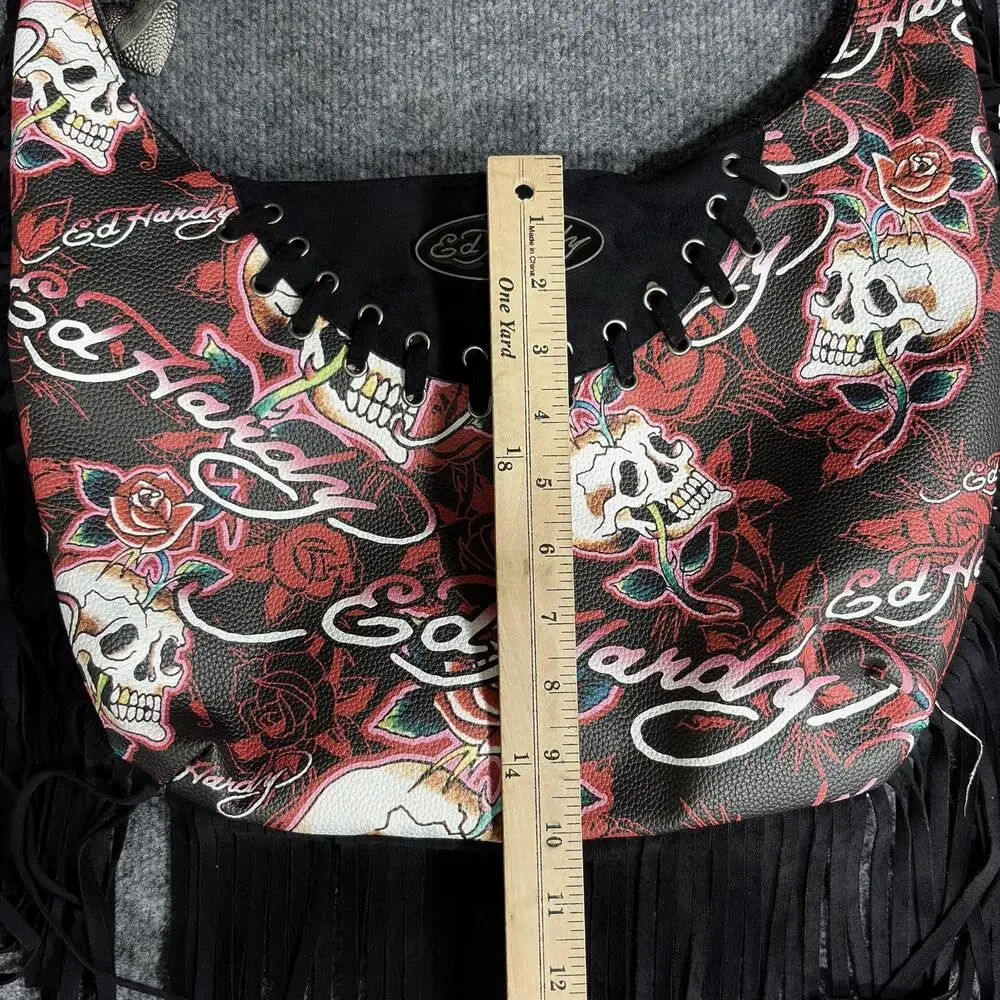 Ed Hardy Hobo Bag Womens Large Red Black Skull Rose Fringe Adjustable Print Y2K